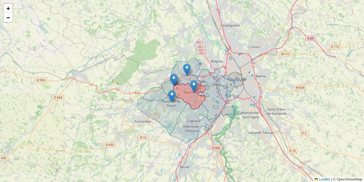 Carte de la zone du code postal  et des codes postaux voisins en France