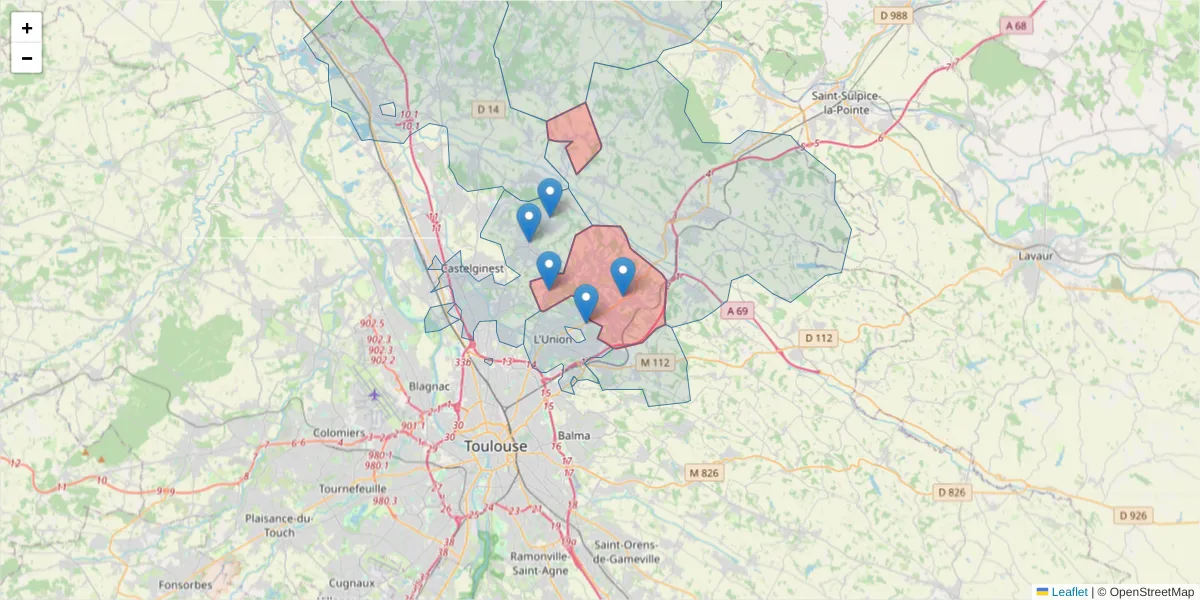 Carte de la zone du code postal  et des codes postaux voisins en France