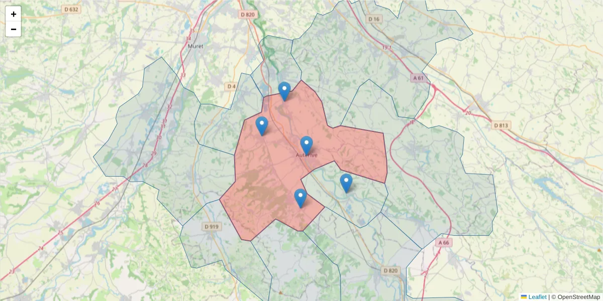 Carte de la zone du code postal  et des codes postaux voisins en France