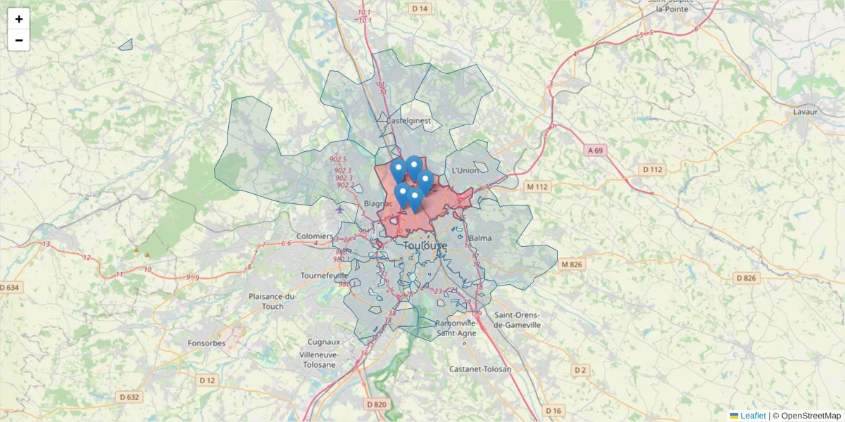 Carte de la zone du code postal  et des codes postaux voisins en France