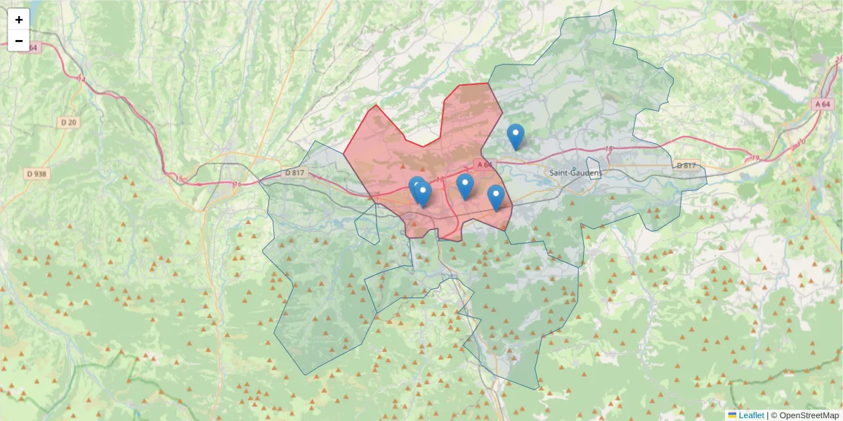 Carte de la zone du code postal  et des codes postaux voisins en France