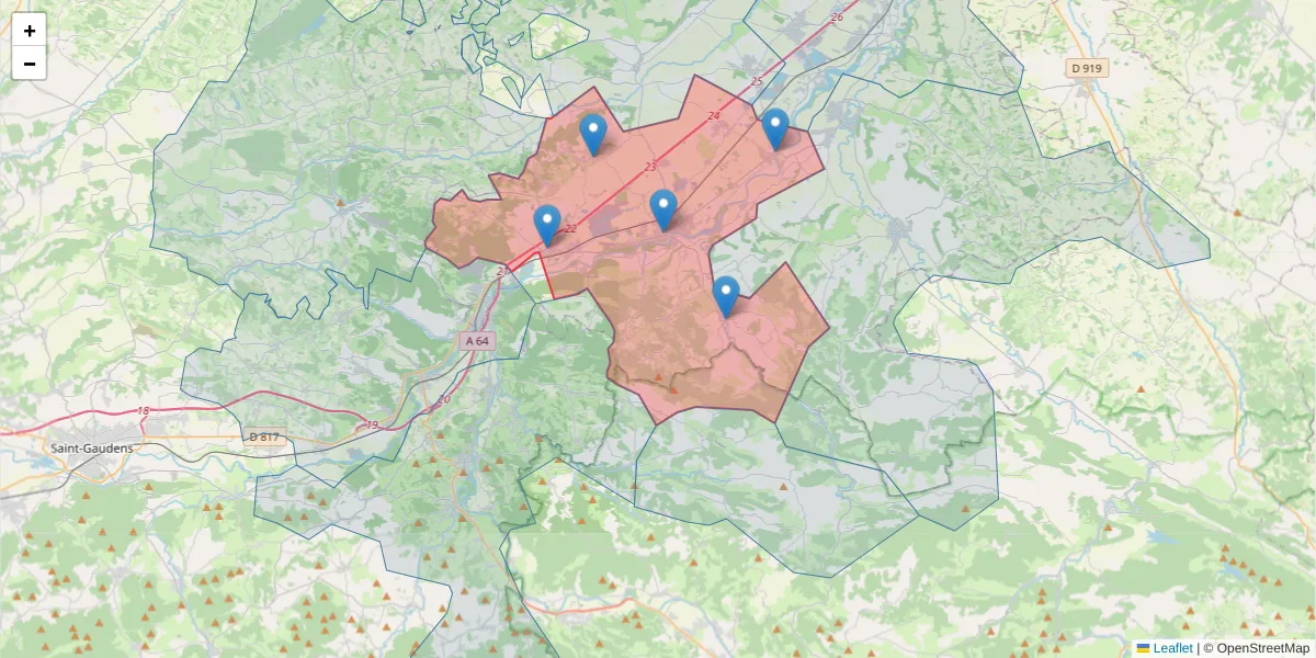 Carte de la zone du code postal  et des codes postaux voisins en France