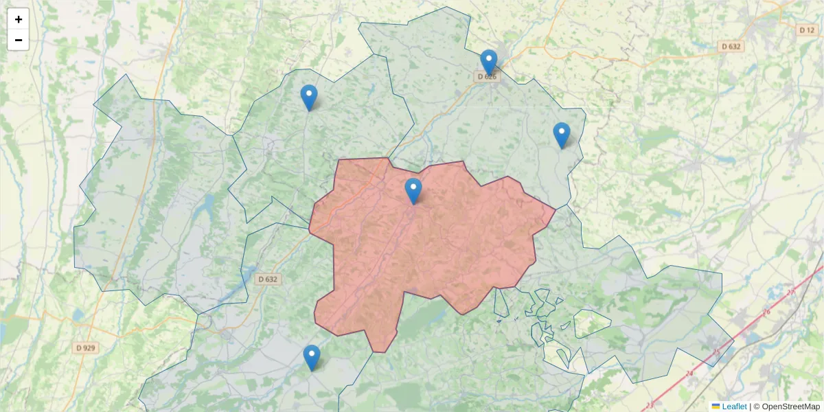 Carte de la zone du code postal  et des codes postaux voisins en France