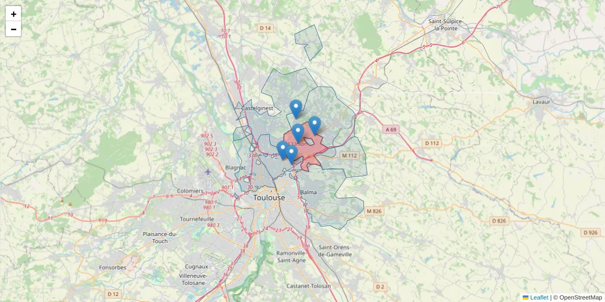 Carte de la zone du code postal  et des codes postaux voisins en France