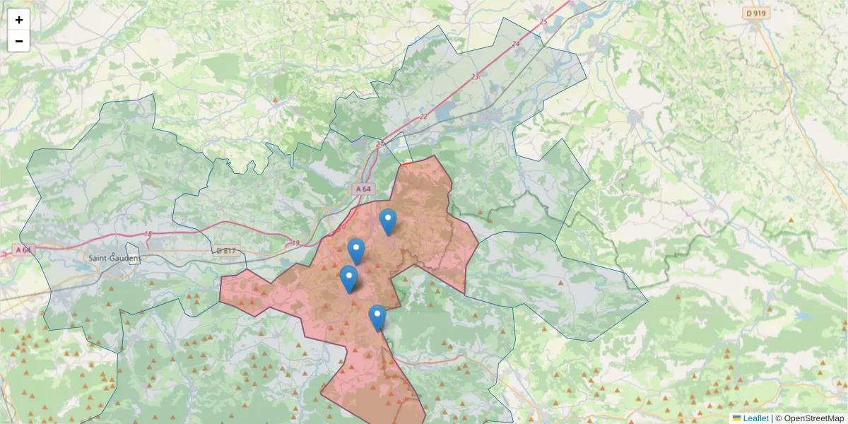 Carte de la zone du code postal  et des codes postaux voisins en France