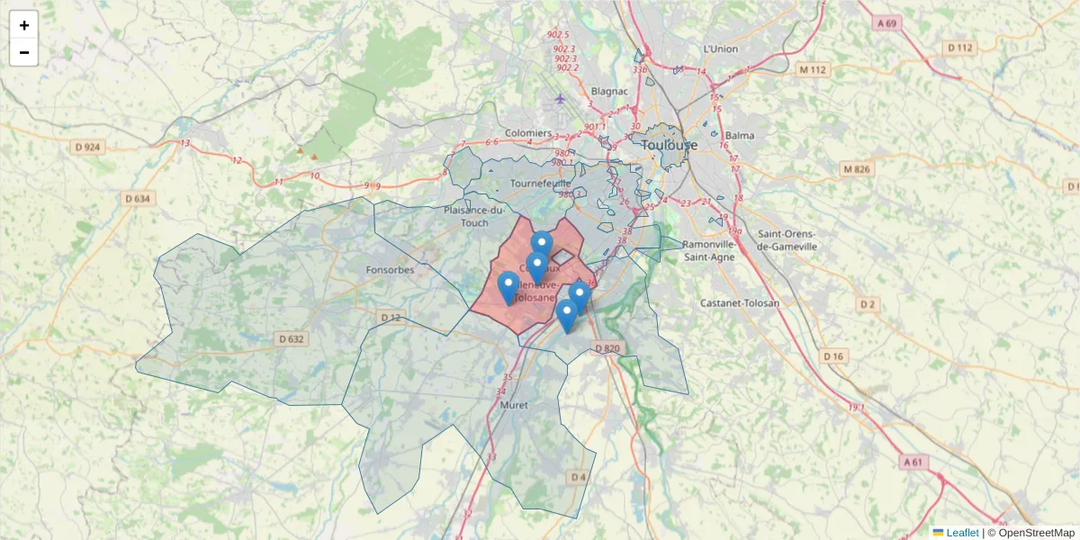 Carte de la zone du code postal  et des codes postaux voisins en France