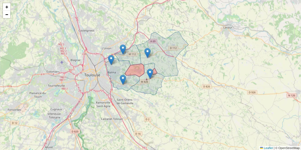 Carte de la zone du code postal  et des codes postaux voisins en France