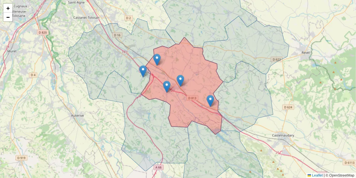 Carte de la zone du code postal  et des codes postaux voisins en France
