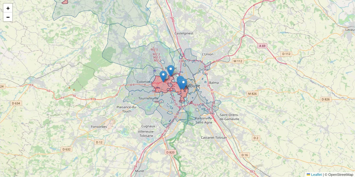 Carte de la zone du code postal  et des codes postaux voisins en France