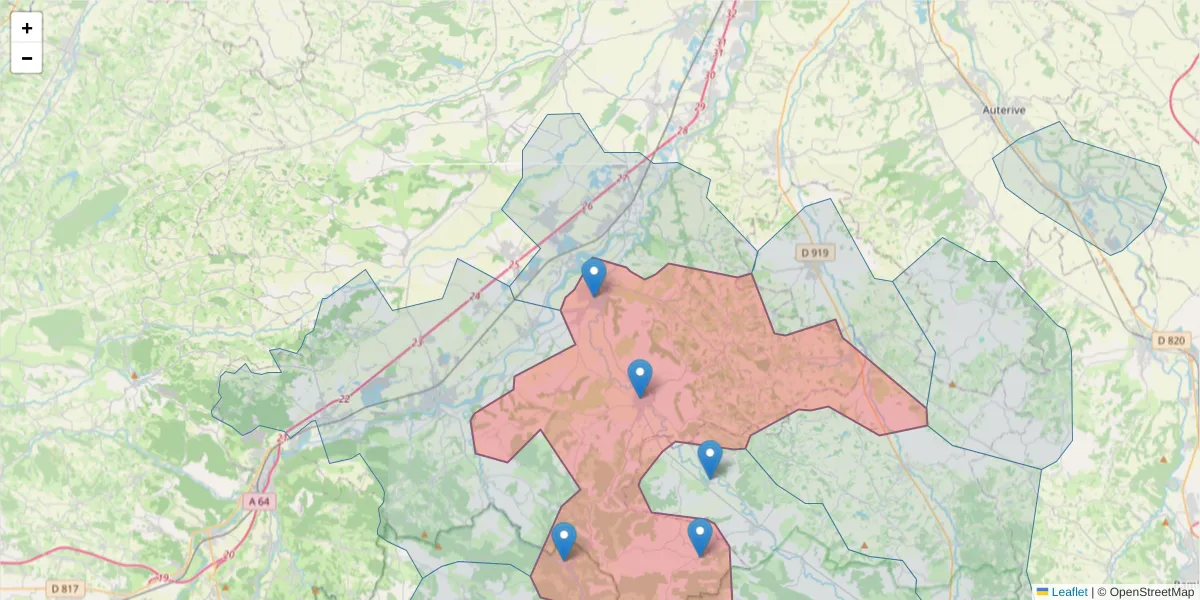 Carte de la zone du code postal  et des codes postaux voisins en France