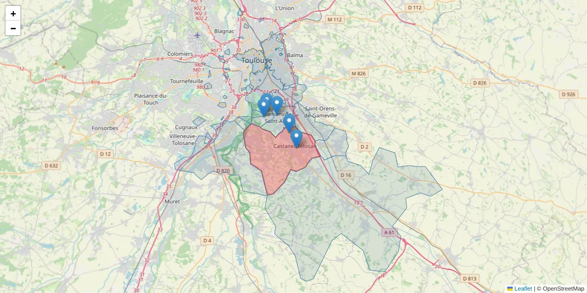 Carte de la zone du code postal  et des codes postaux voisins en France
