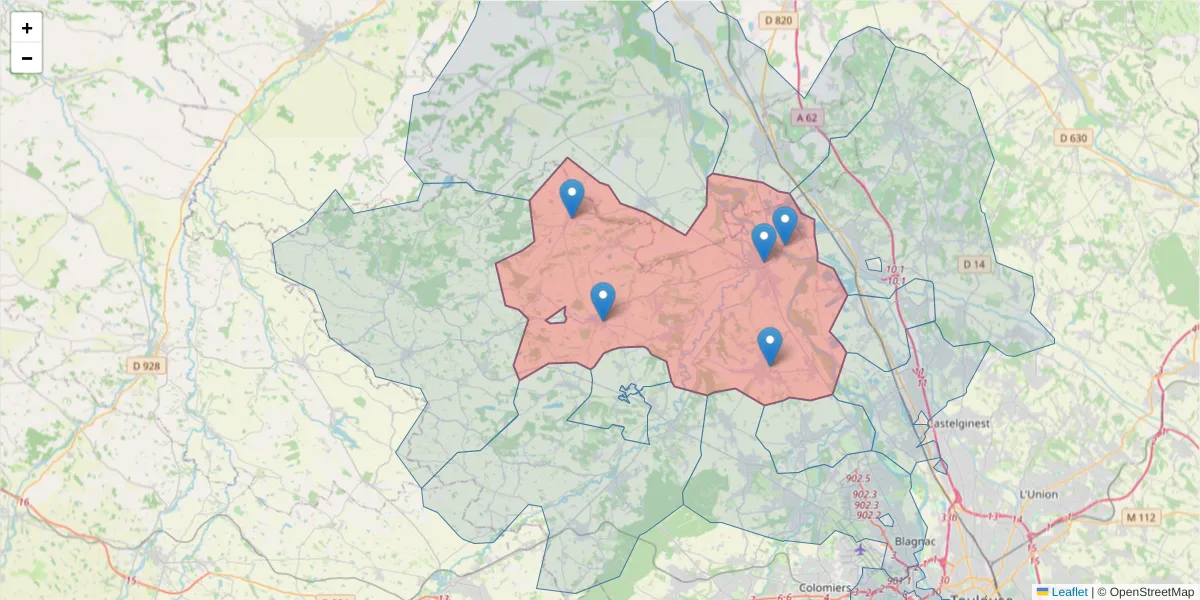 Carte de la zone du code postal  et des codes postaux voisins en France