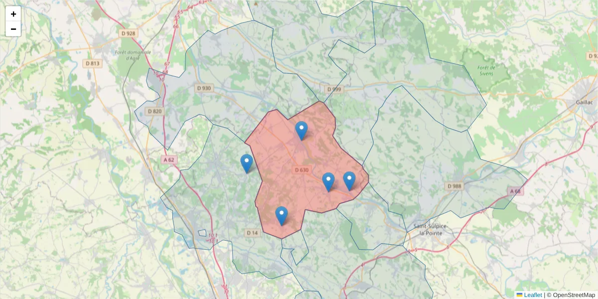 Carte de la zone du code postal  et des codes postaux voisins en France