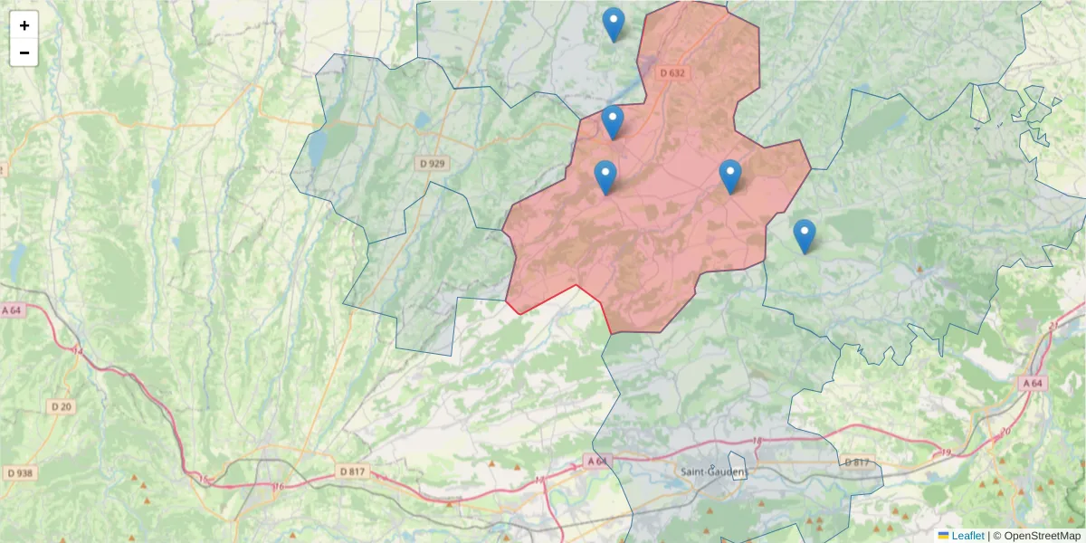 Carte de la zone du code postal  et des codes postaux voisins en France