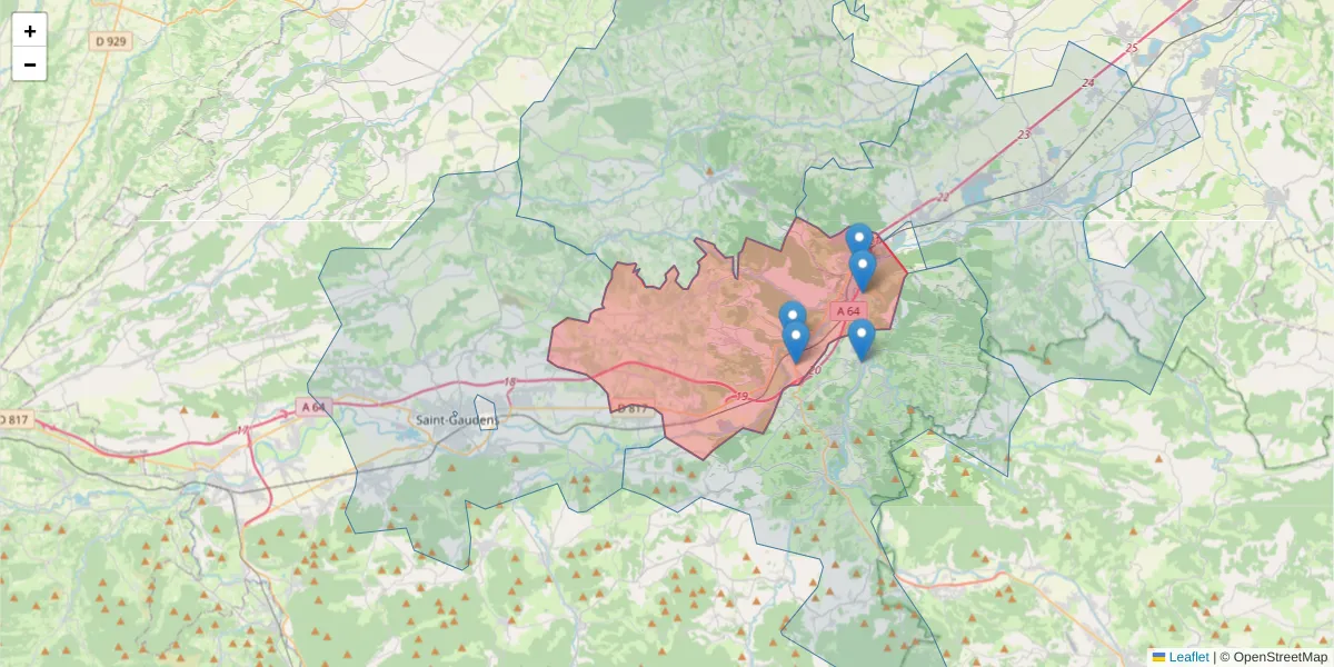 Carte de la zone du code postal  et des codes postaux voisins en France