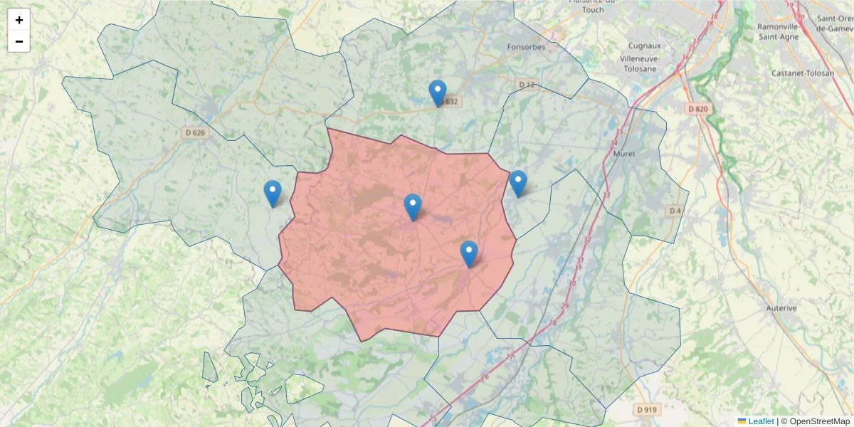 Carte de la zone du code postal  et des codes postaux voisins en France