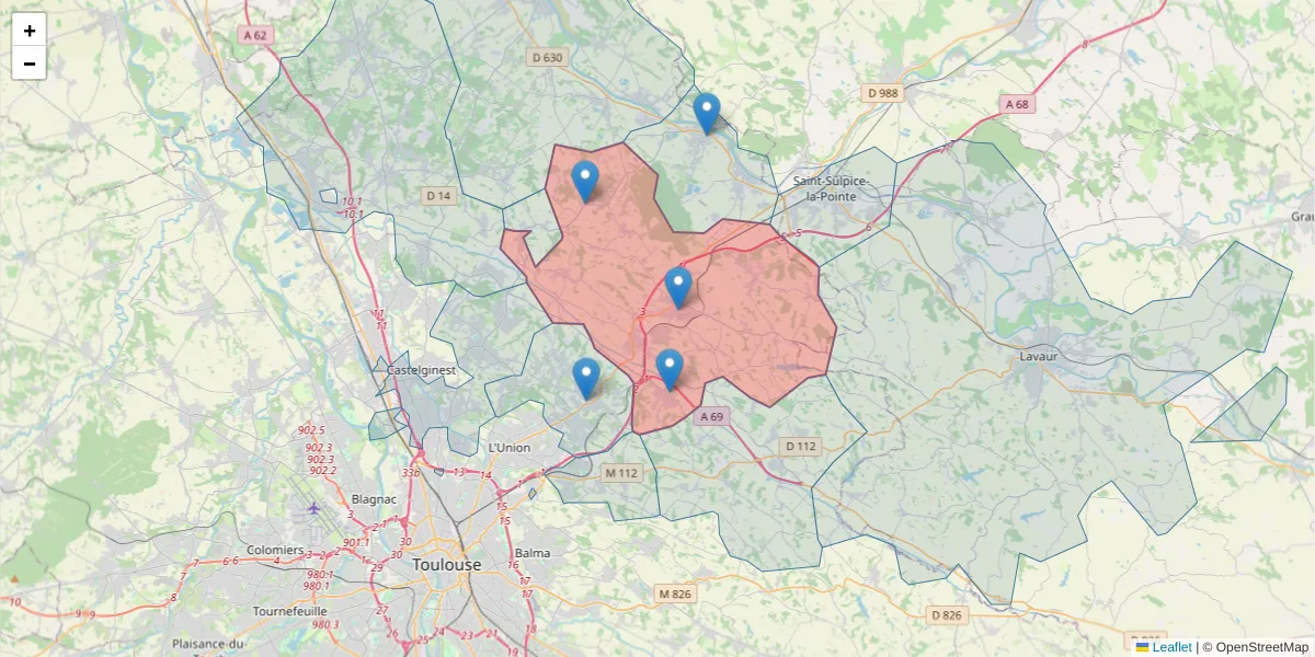 Carte de la zone du code postal  et des codes postaux voisins en France