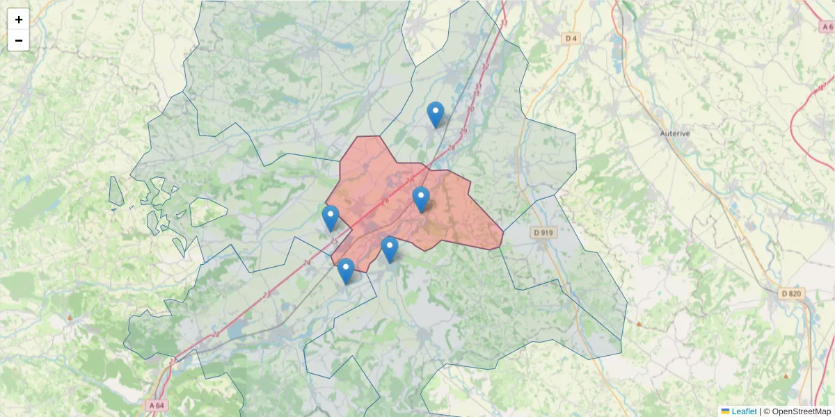 Carte de la zone du code postal  et des codes postaux voisins en France