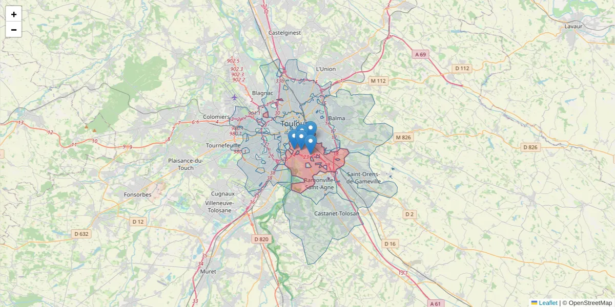 Carte de la zone du code postal  et des codes postaux voisins en France