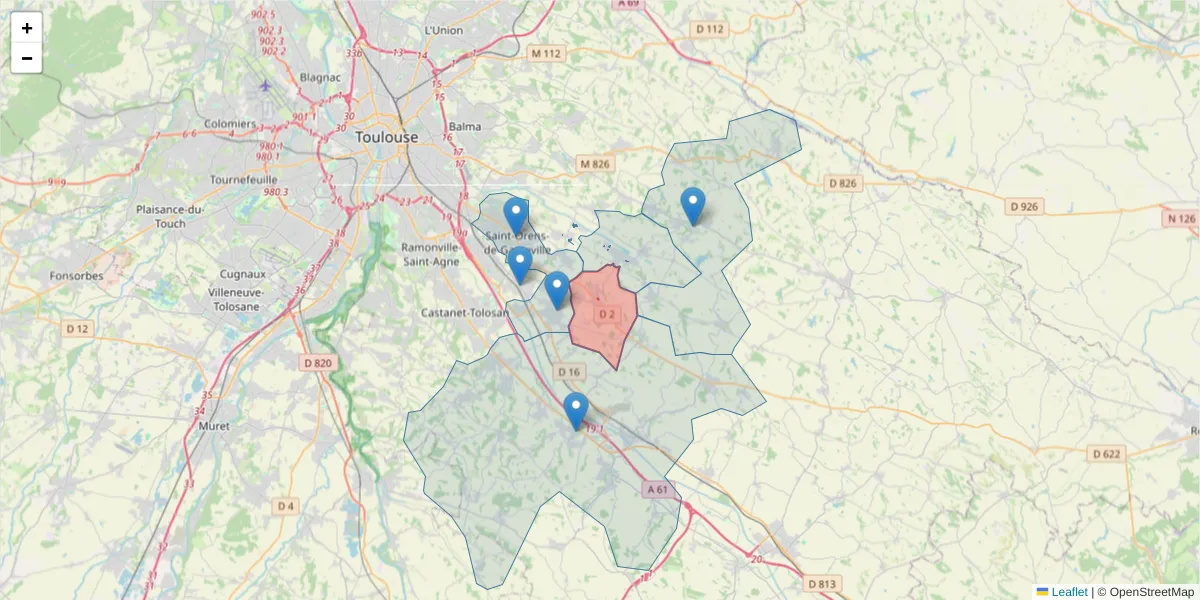 Carte de la zone du code postal  et des codes postaux voisins en France