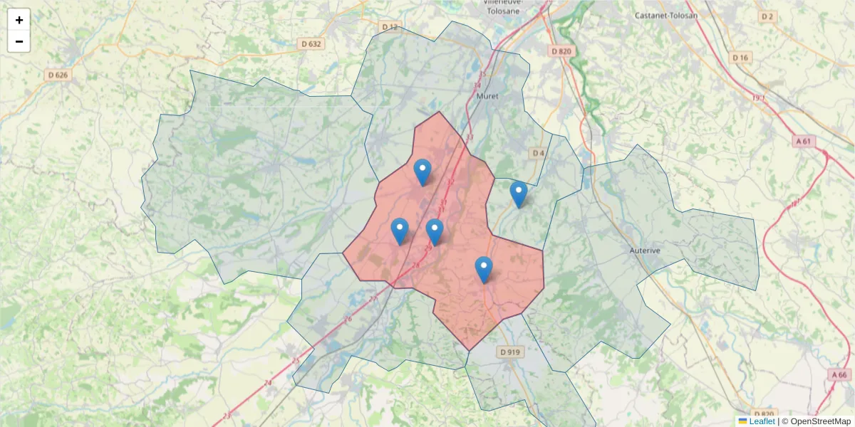 Carte de la zone du code postal  et des codes postaux voisins en France
