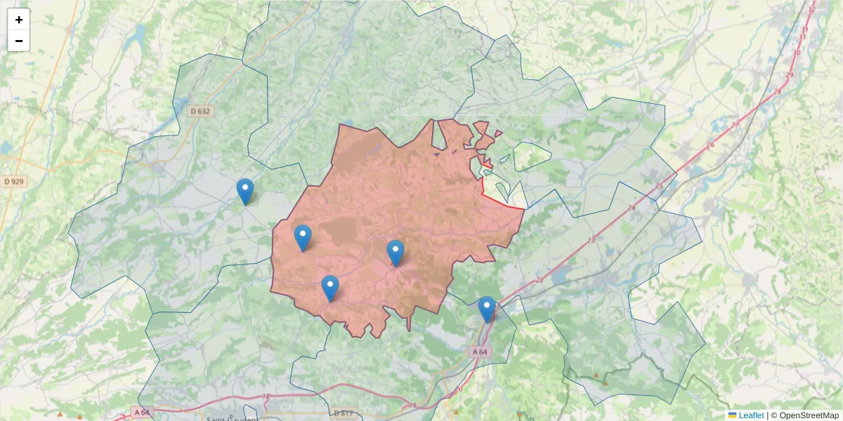 Carte de la zone du code postal  et des codes postaux voisins en France