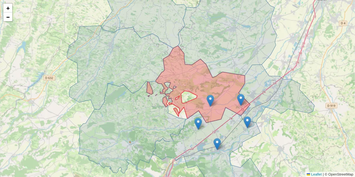 Carte de la zone du code postal  et des codes postaux voisins en France