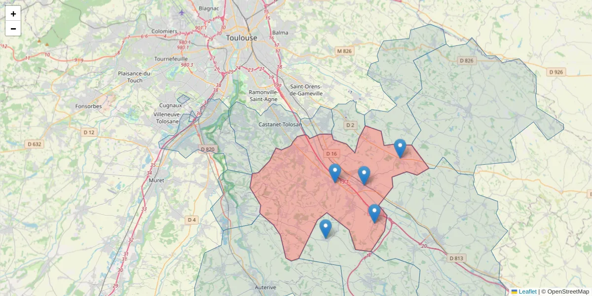 Carte de la zone du code postal  et des codes postaux voisins en France