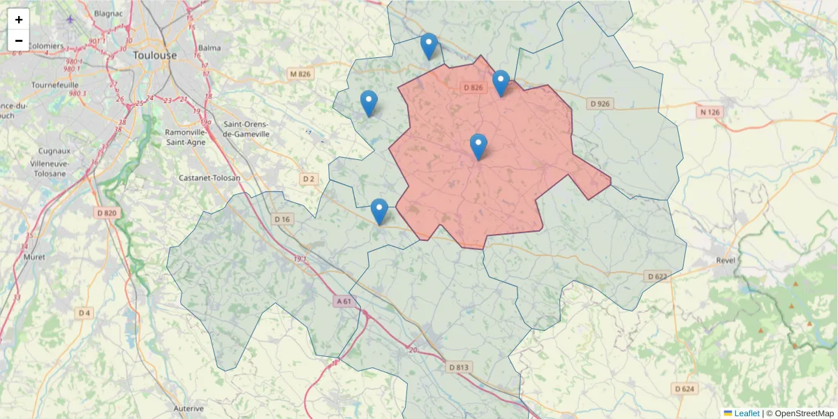 Carte de la zone du code postal  et des codes postaux voisins en France