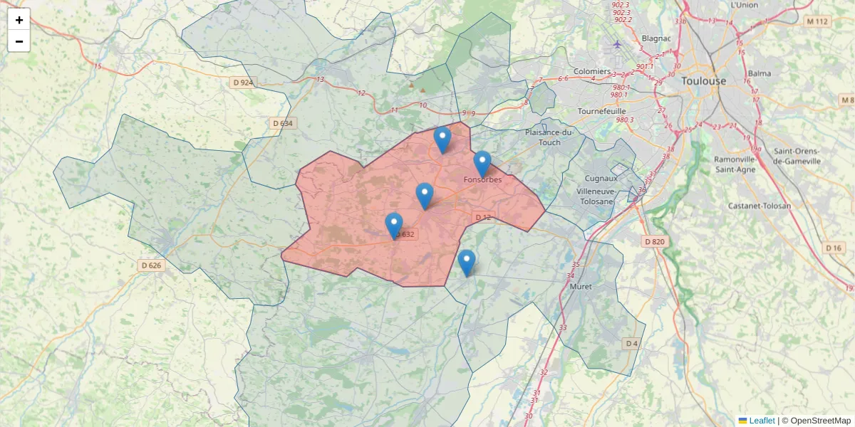 Carte de la zone du code postal  et des codes postaux voisins en France