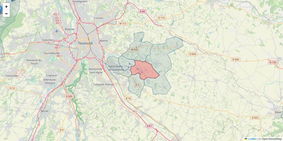 Carte de la zone du code postal  et des codes postaux voisins en France