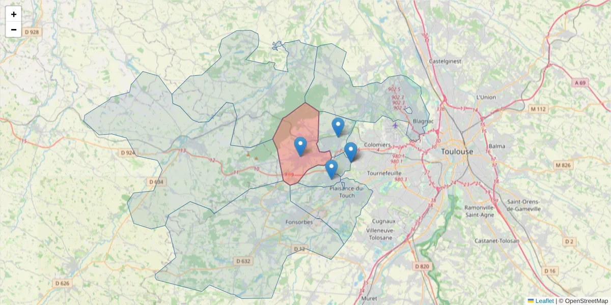 Carte de la zone du code postal  et des codes postaux voisins en France