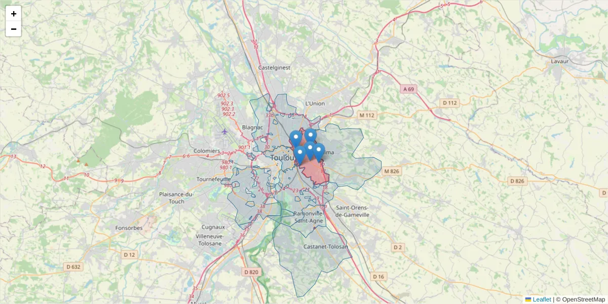 Carte de la zone du code postal  et des codes postaux voisins en France