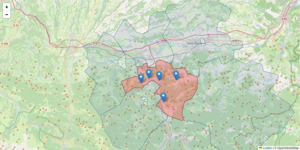 Carte de la zone du code postal  et des codes postaux voisins en France