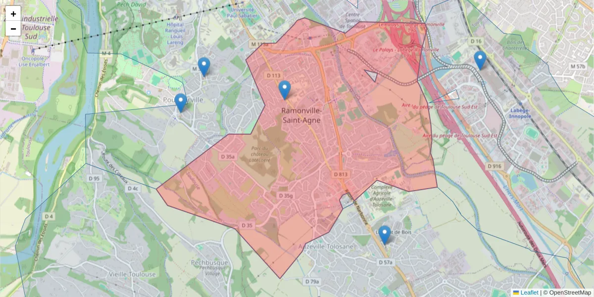 Carte de la zone du code postal  et des codes postaux voisins en France