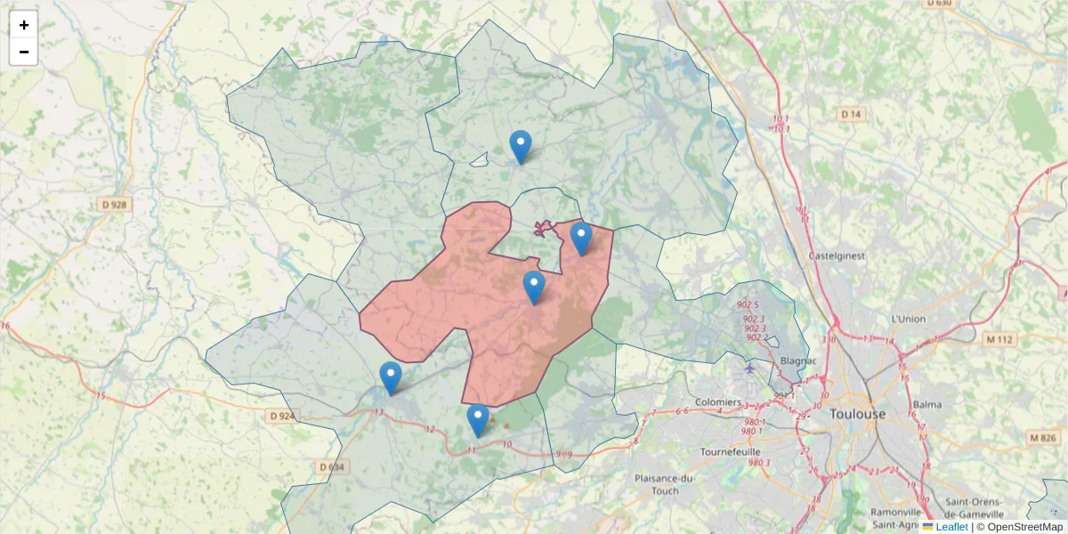 Carte de la zone du code postal  et des codes postaux voisins en France