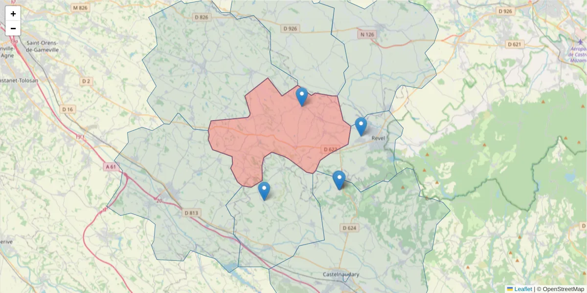 Carte de la zone du code postal  et des codes postaux voisins en France