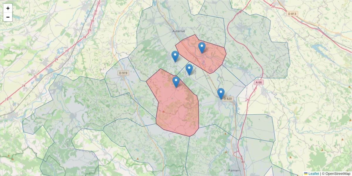 Carte de la zone du code postal  et des codes postaux voisins en France