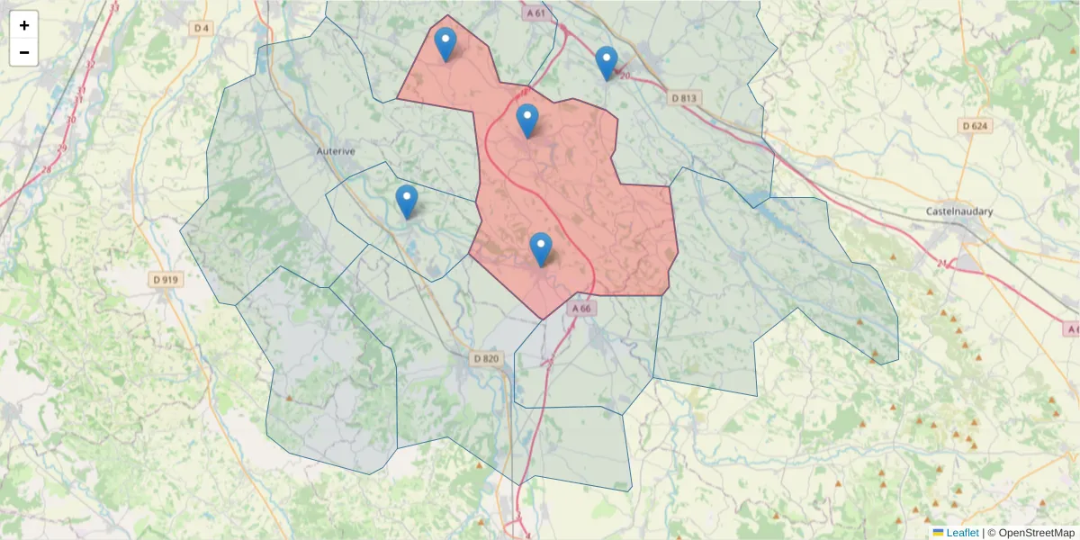 Carte de la zone du code postal  et des codes postaux voisins en France