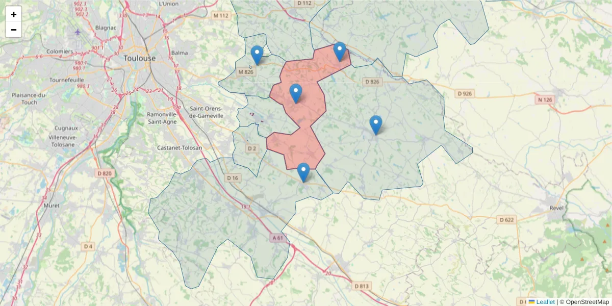 Carte de la zone du code postal  et des codes postaux voisins en France