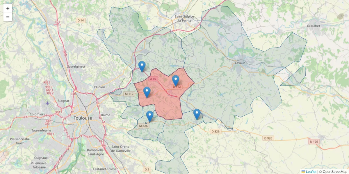 Carte de la zone du code postal  et des codes postaux voisins en France