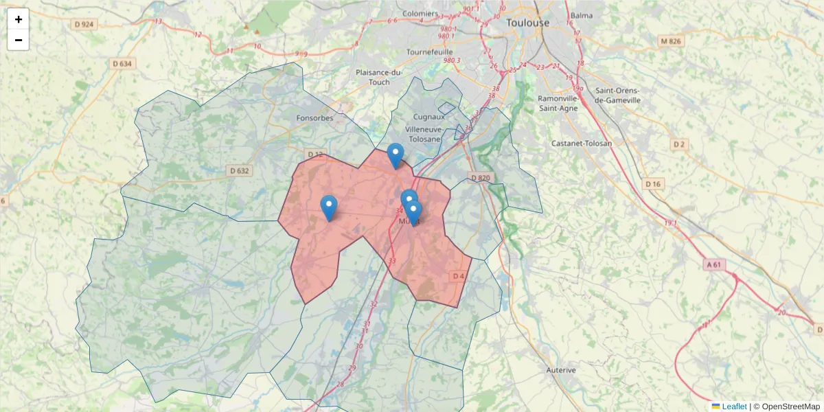 Carte de la zone du code postal  et des codes postaux voisins en France