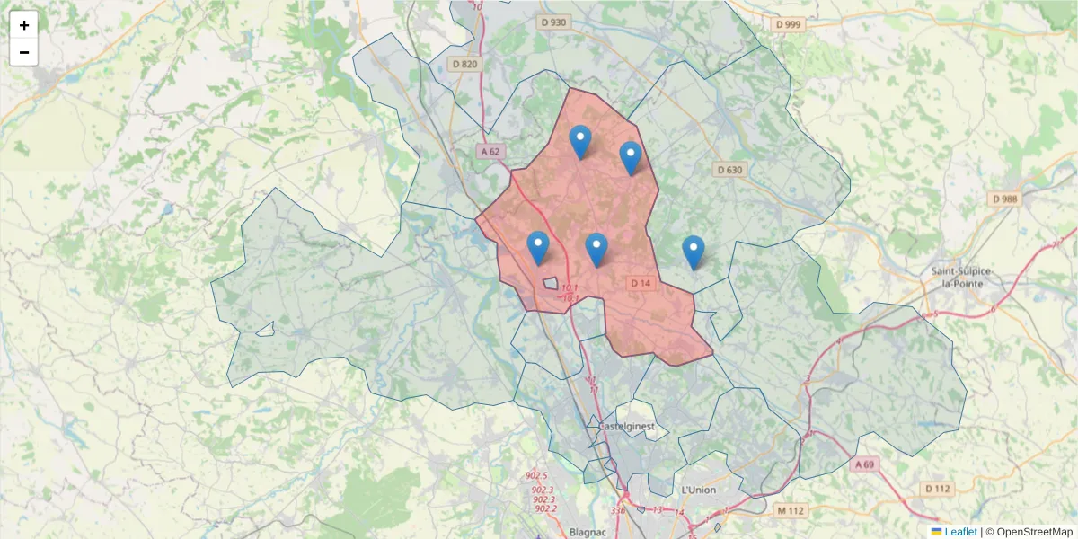 Carte de la zone du code postal  et des codes postaux voisins en France