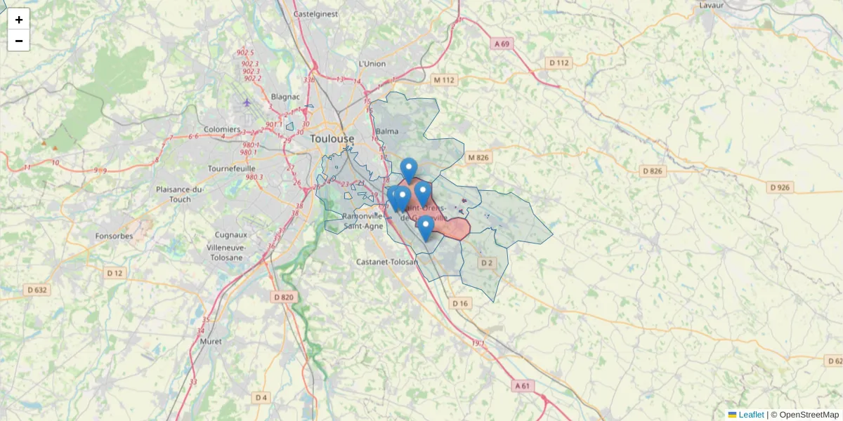 Carte de la zone du code postal  et des codes postaux voisins en France