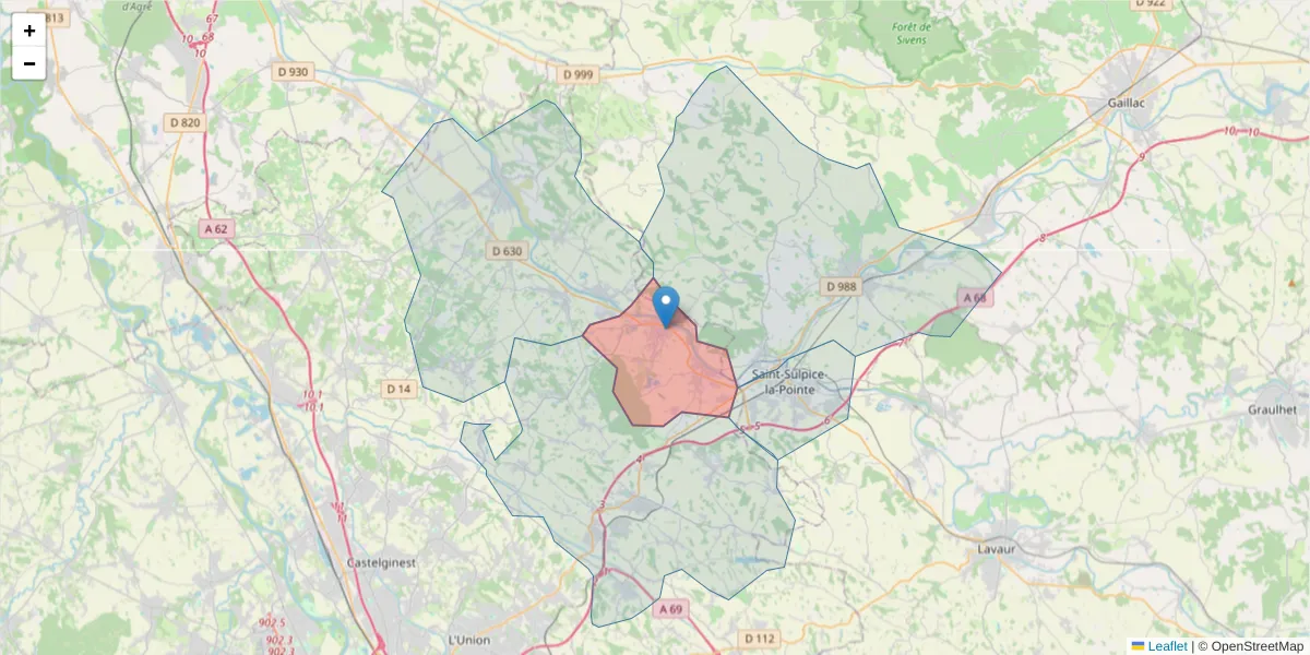 Carte de la zone du code postal  et des codes postaux voisins en France