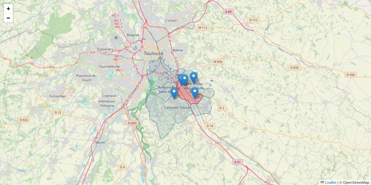 Carte de la zone du code postal  et des codes postaux voisins en France