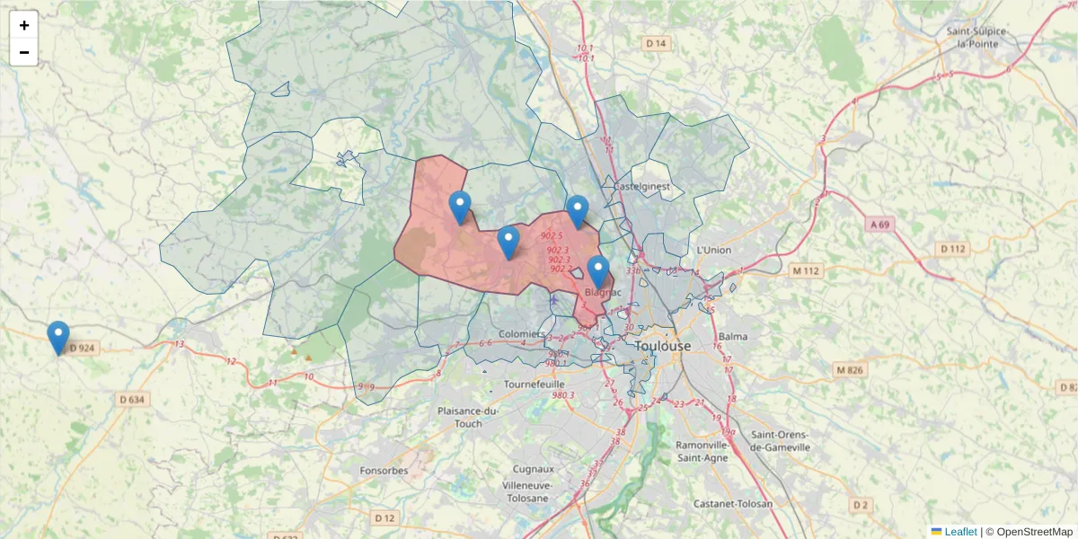 Carte de la zone du code postal  et des codes postaux voisins en France