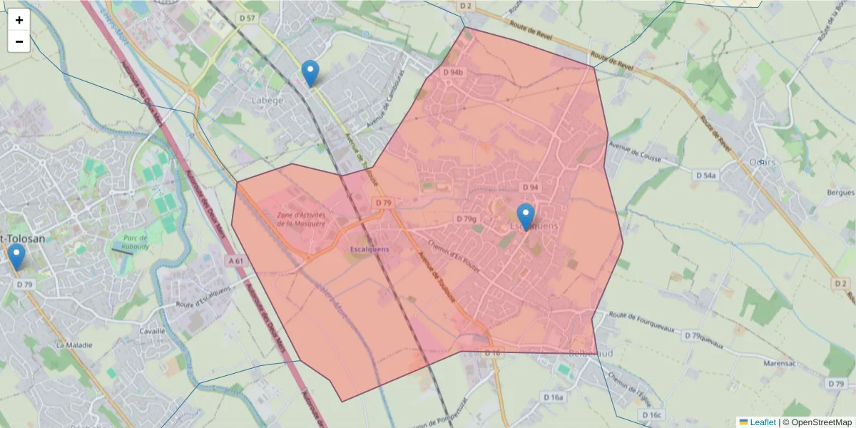 Carte de la zone du code postal  et des codes postaux voisins en France