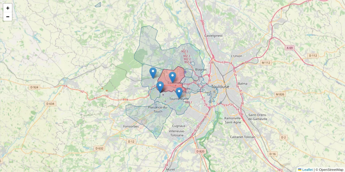 Carte de la zone du code postal  et des codes postaux voisins en France
