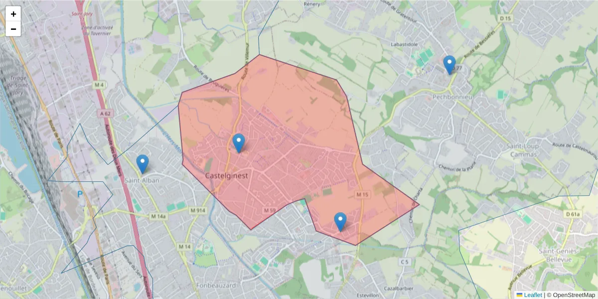 Carte de la zone du code postal  et des codes postaux voisins en France